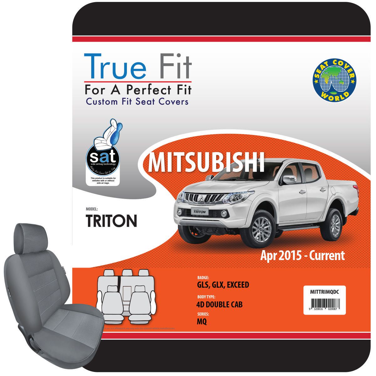 True Fit Tailored Seat Covers Fits Mitsubishi Triton GLS, GLX & Exceed Dual Cab 2015 - On