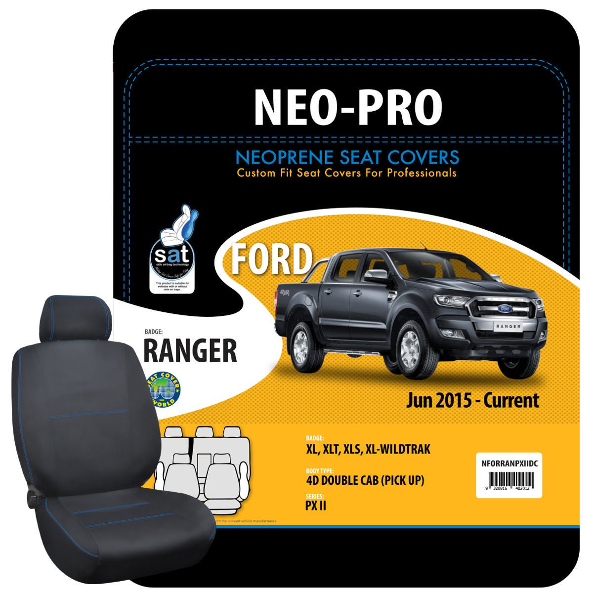 True Fit Tailored Neoprene Seat Covers Fits Ford Ranger PXII XL, XLT, XLS & Wildtrack Dual Cab 2015 - On