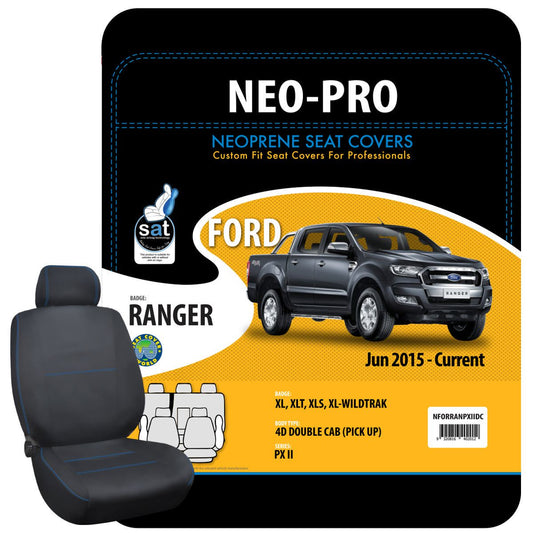 True Fit Tailored Neoprene Seat Covers Fits Ford Ranger PXII XL, XLT, XLS & Wildtrack Dual Cab 2015 - On