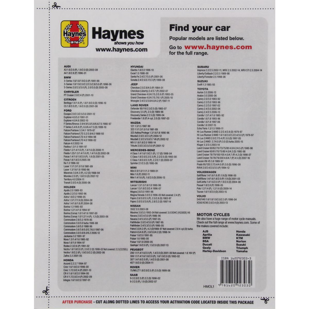 Haynes Online Repair Manual Card HMOL1