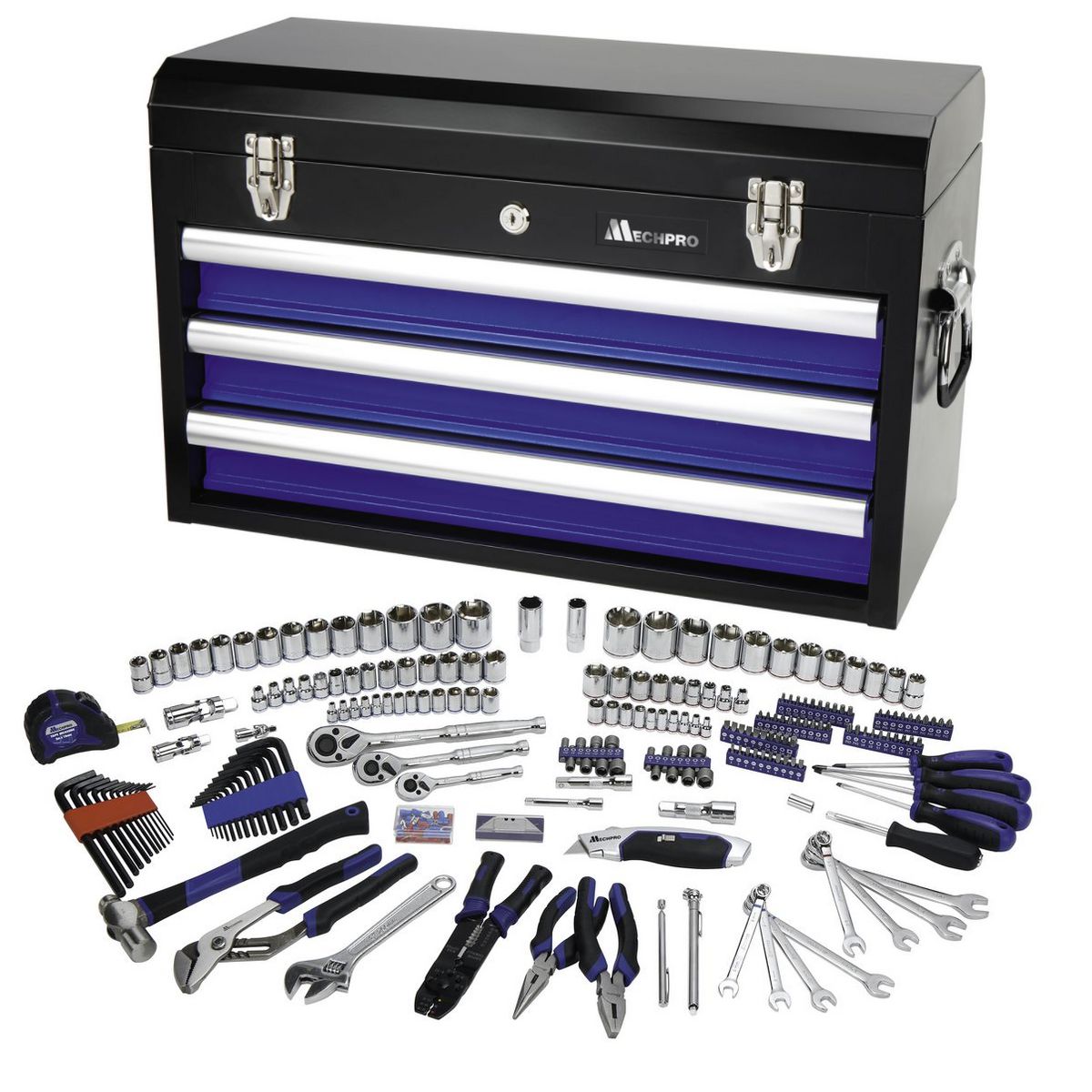 Mechpro Tool Kit with 3 Drawer Chest 1/4In, 3/8In & 1/2In Drive 248pc