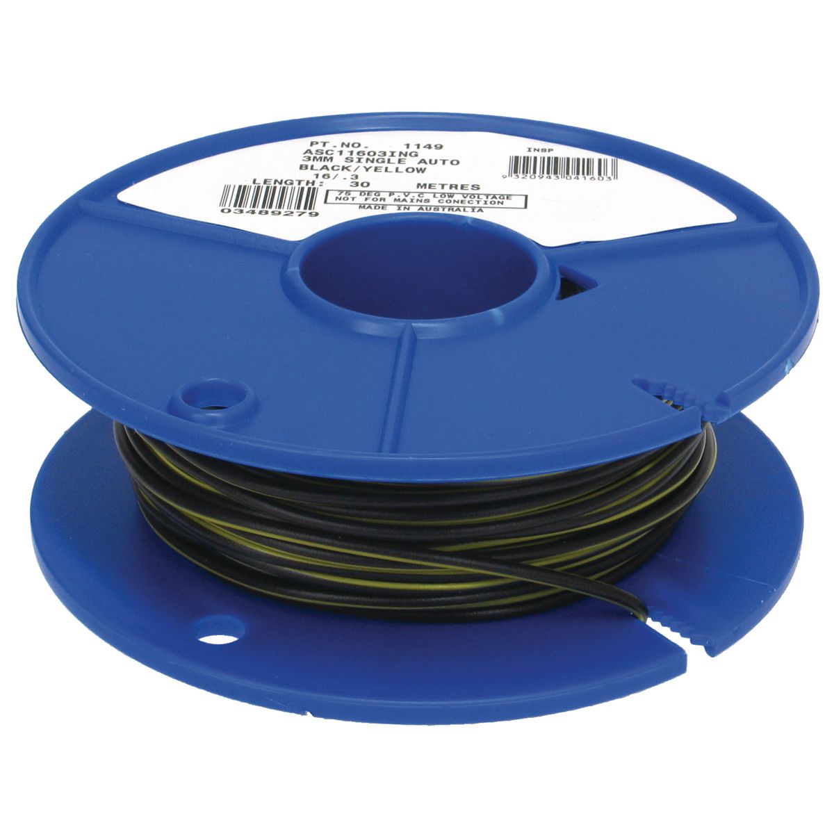 OEX Automotive Cable Single Core 3mm Black W/Yellow Trace 30M Roll ACX0718