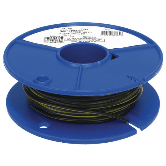 OEX Automotive Cable Single Core 3mm Black W/Yellow Trace 30M Roll ACX0718