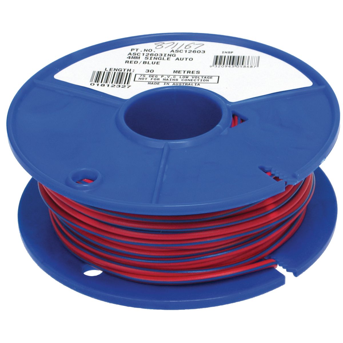 OEX Automotive Cable Single Core 3mm Red W/Blue Trace 30M Roll ACX0721
