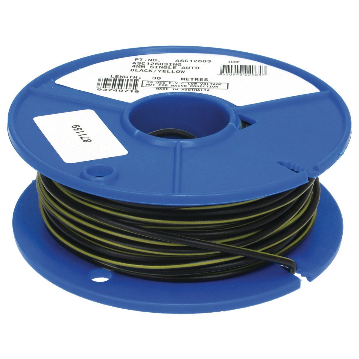 OEX Automotive Cable Single Core 4mm Black W/Yellow Trace 30M Roll ACX0741
