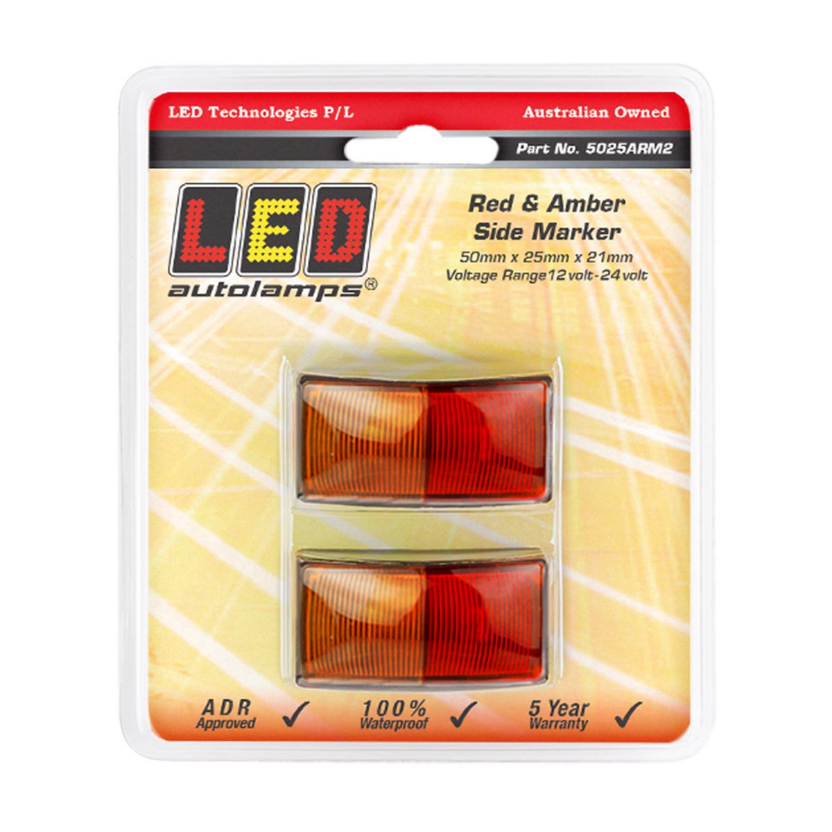 LED Autolamps Side Marker Red/Amber 50x25x21mm 12-24V Twin Pack 5025ARM2