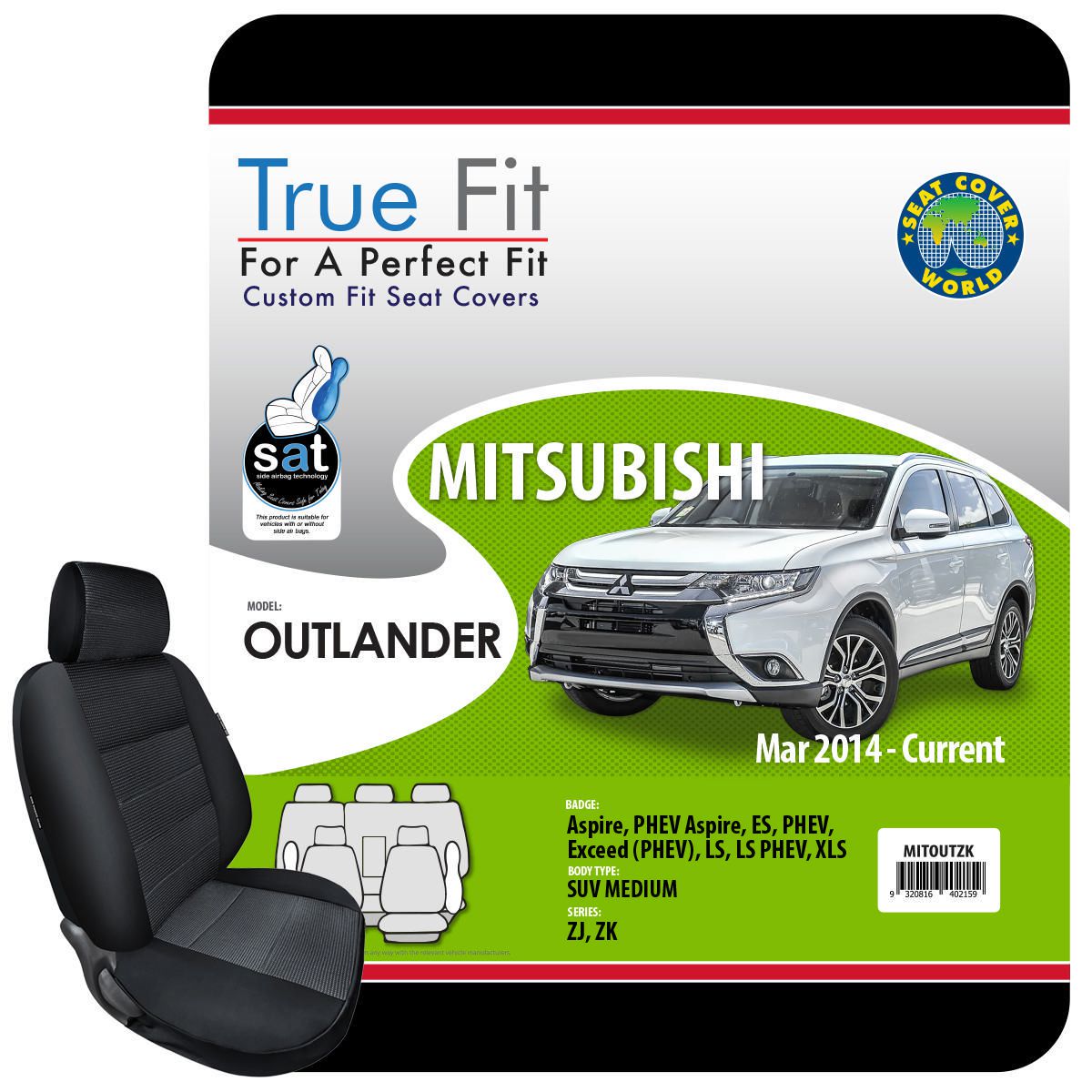 True Fit Tailored Seat Covers Fits Mistsubishi Outlander Aspire, Exceed, PHEV & XLS 2014 - On