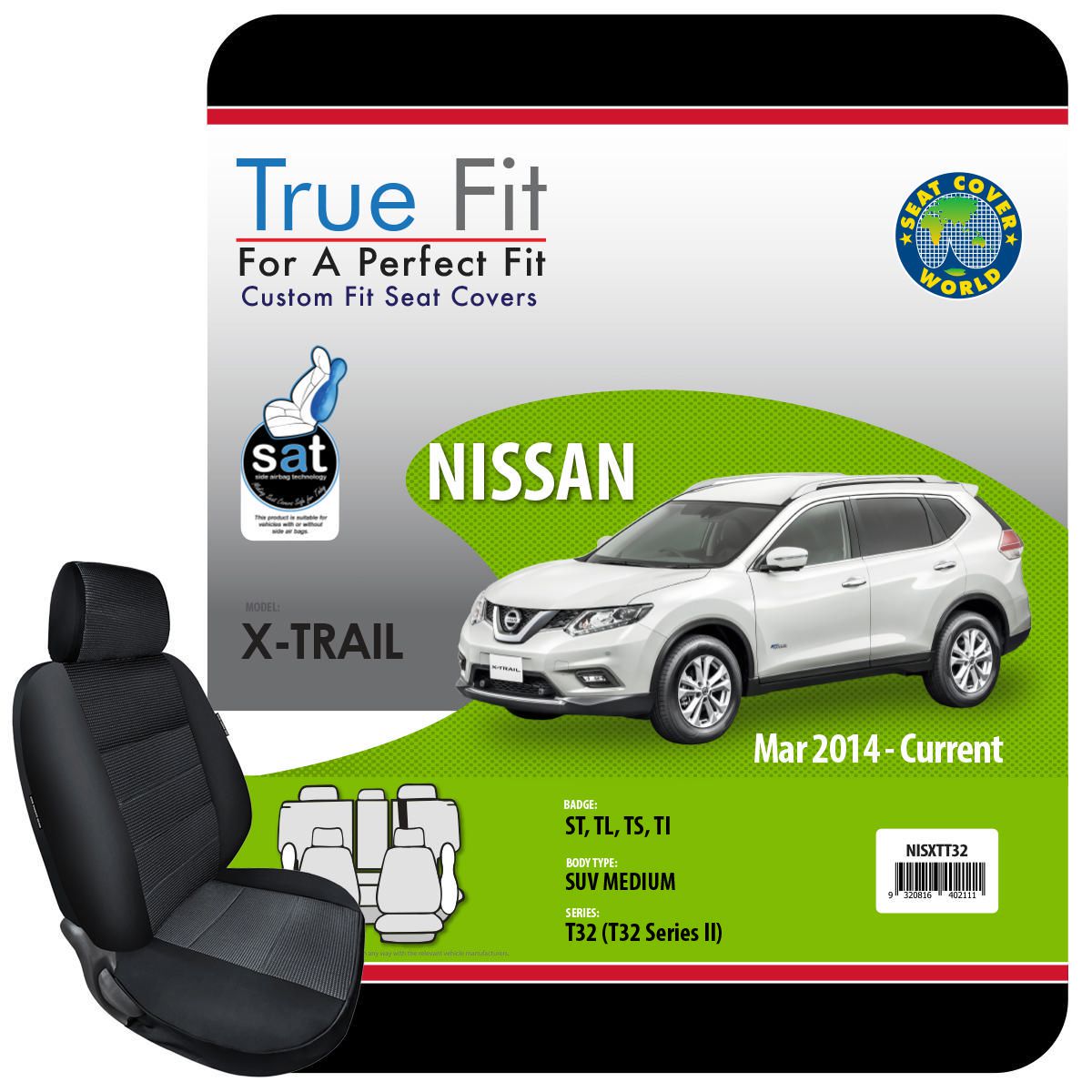 True Fit Tailored Seat Covers Fits Nissan X-Trail T32 ST, TL, TS & Ti 2014 - On
