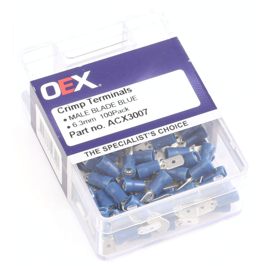 OEX Crimp Terminal Male Blade Blue 6.3 mm Vinyl (100 Pack) ACX3007