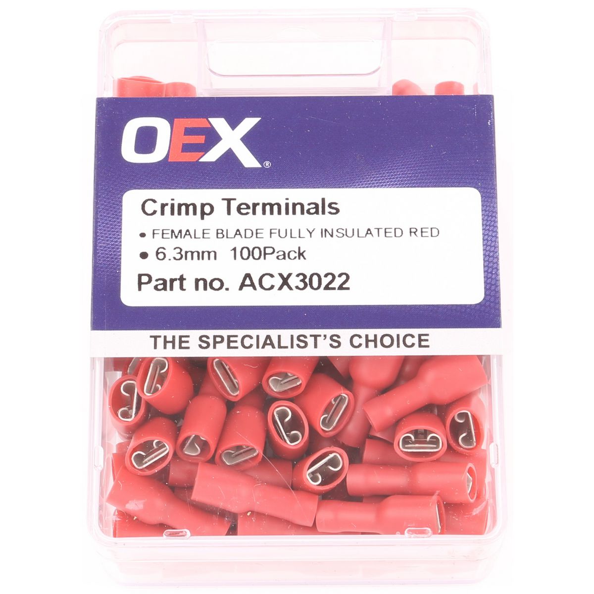 OEX Crimp Terminal Female Blade Red 6.3mm Vinyl (100 Pack) ACX3022