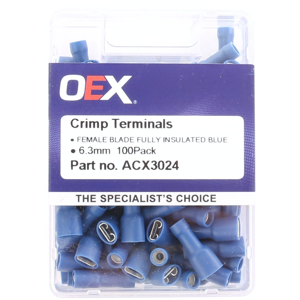 OEX Crimp Terminal Female Blade Blue 6.3mm Vinyl (100 Pack) ACX3024