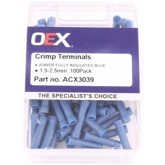 OEX Crimp Terminal Joiner Blue Cable Size 4mm Vinyl (Pack of 100) ACX3039