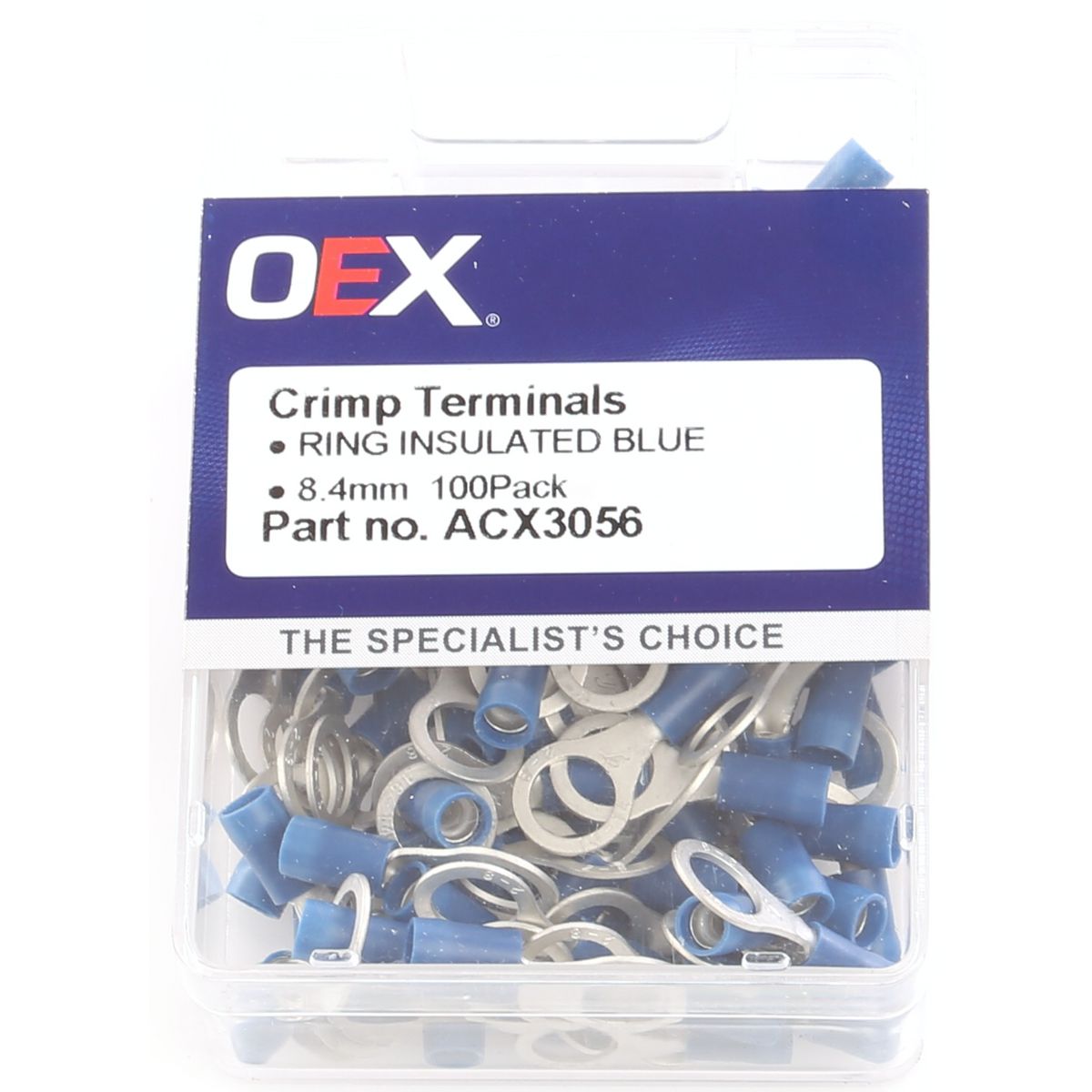 OEX Crimp Terminal Ring Blue 8.4mm Vinyl (100 Pack) ACX3056