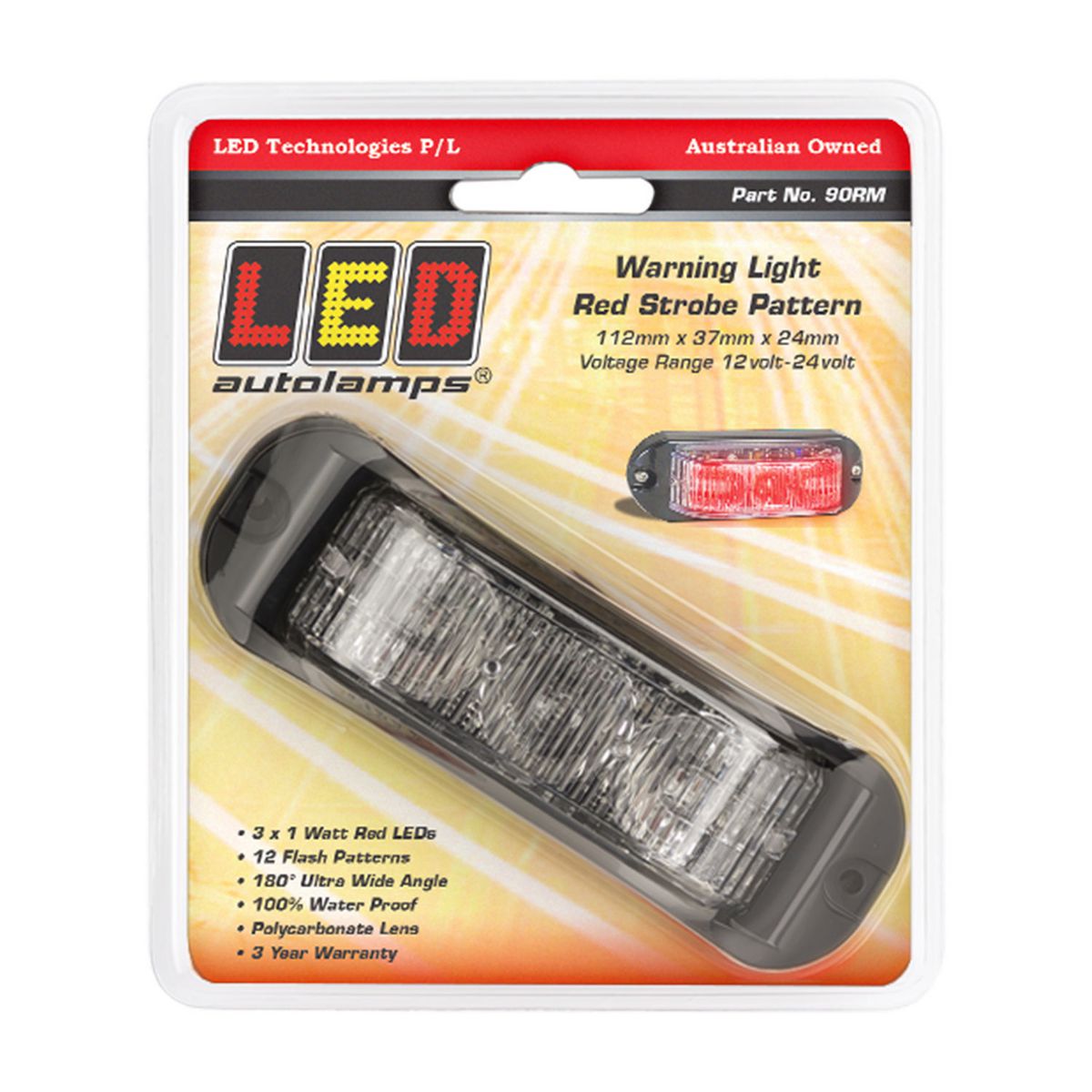 LED Autolamps Red Emergency Lamp with Strobe 112mm 90RM