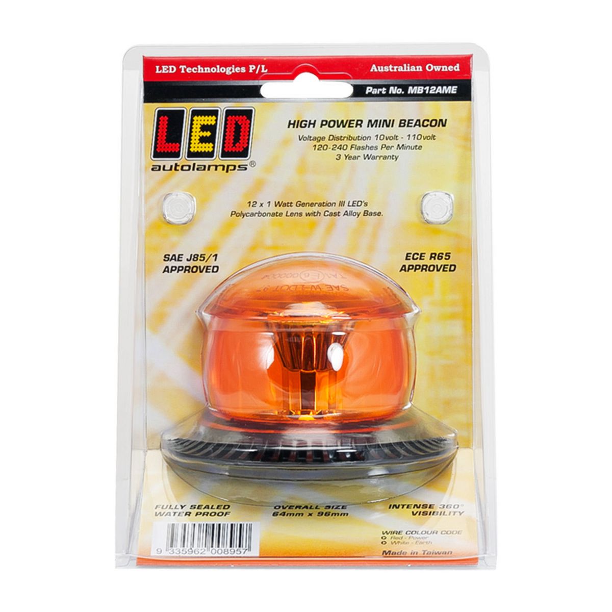 LED Autolamps Amber Beacon Light Amber Lens IP67 10/48V MB12AM
