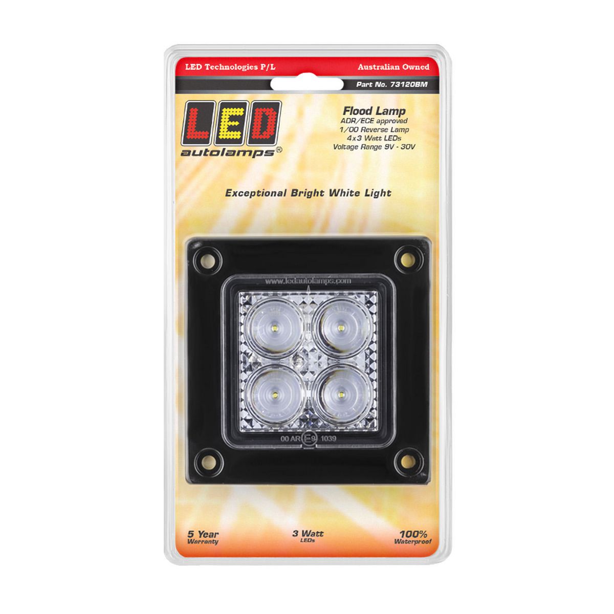 LED Autolamps Work Lamp Square Flood Beam 12V (4 LED) 3W 40cm Cable 73120BM