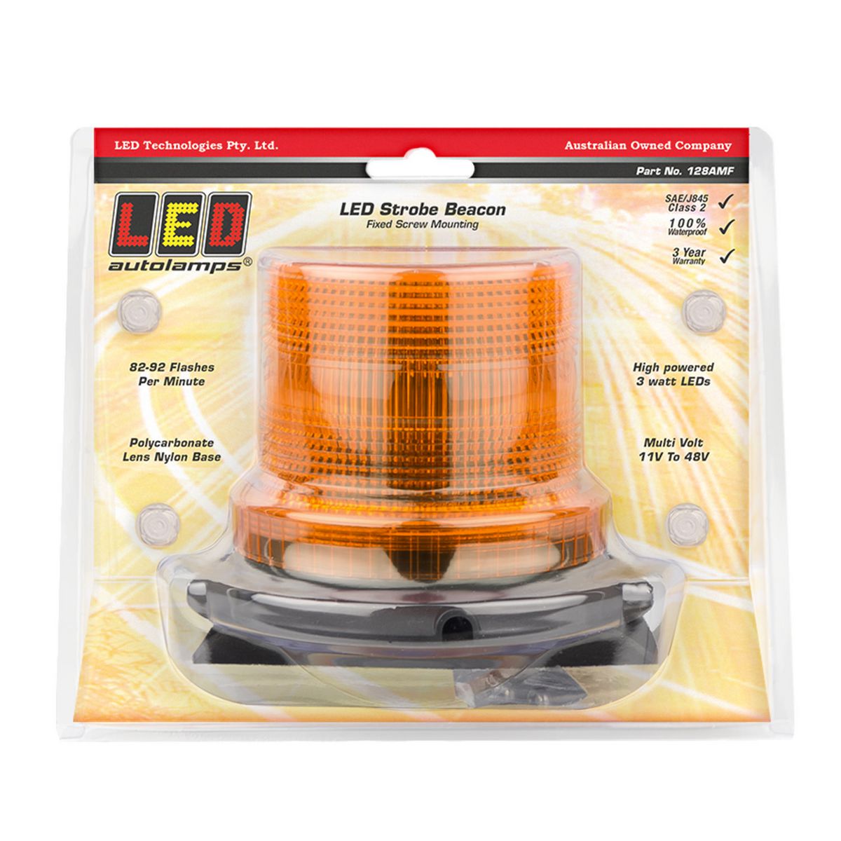 LED Autolamps Beacon Light LED Amber IP67 11/48V Fixed Mount 128AMF