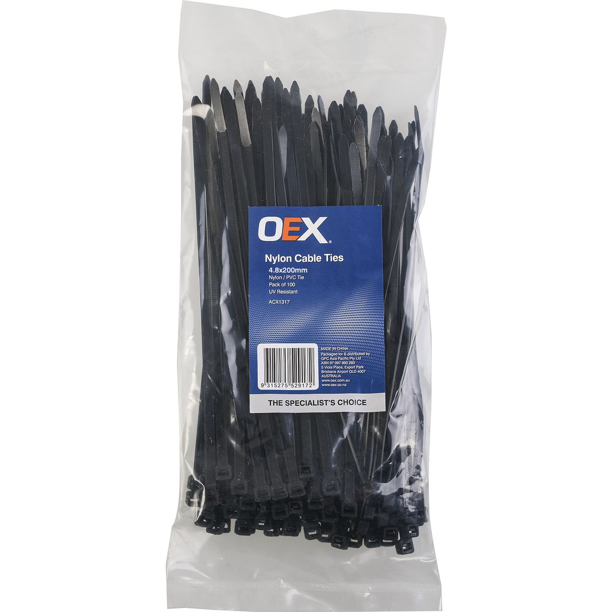 OEX Nylon Cable Ties 4.8mm x 200mm Black 100 Pack ACX1317