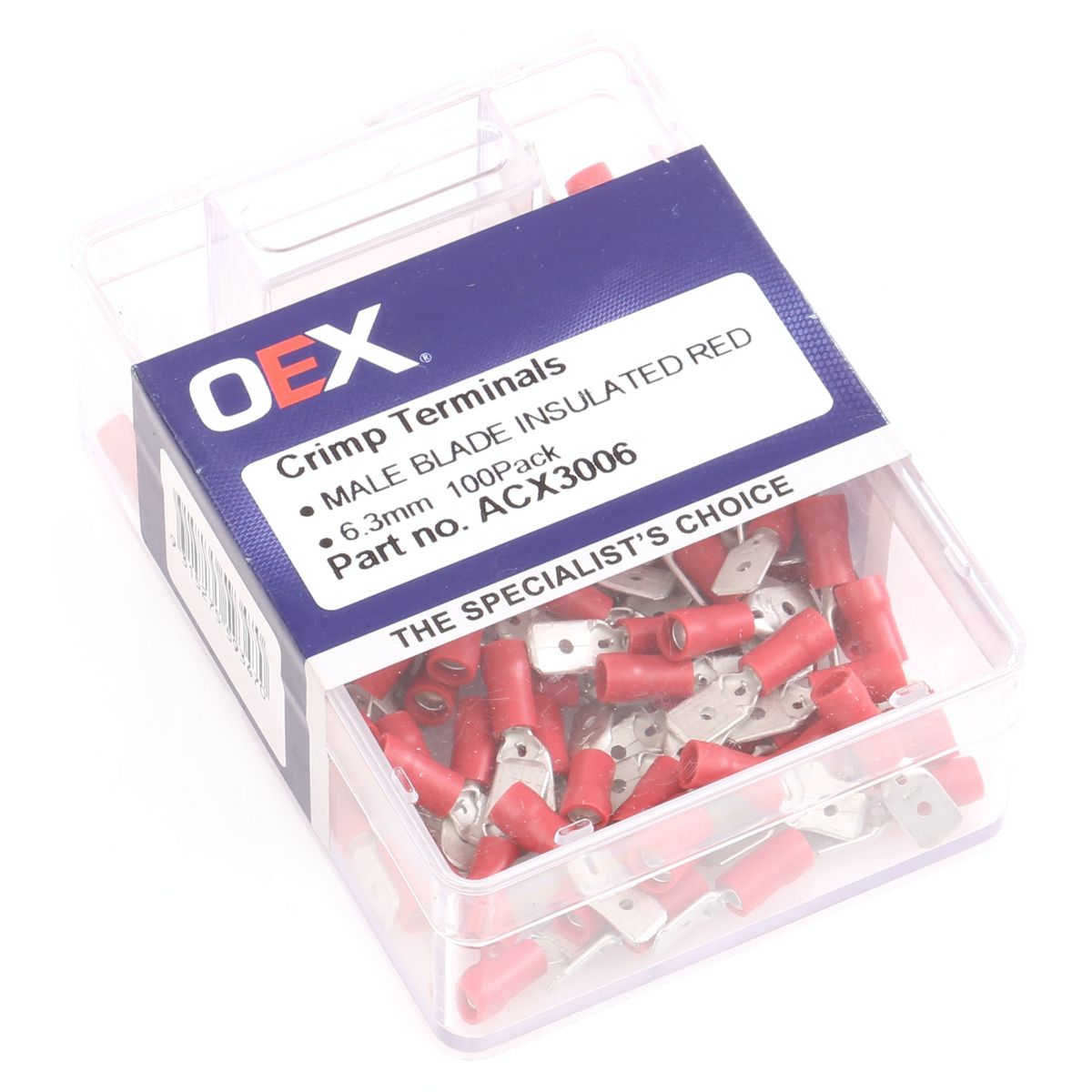 OEX Crimp Terminal Male Blade Red 6.3 mm Vinyl (100 Pack) ACX3006