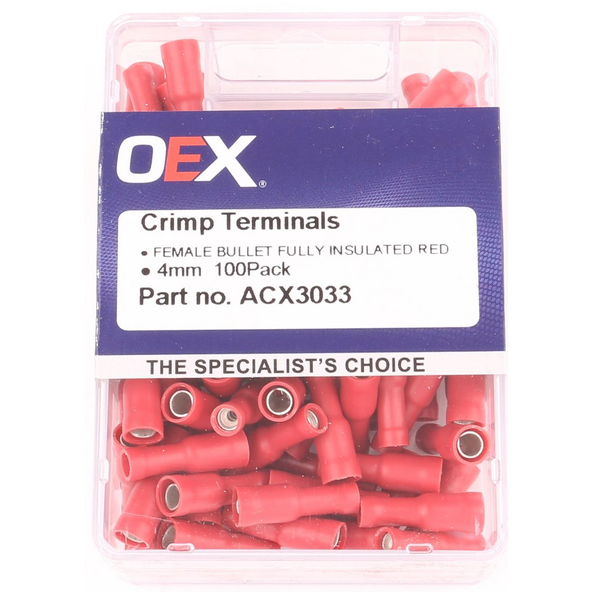 OEX Crimp Terminal Female Bullet Red 4mm Vinyl (100 Pack) ACX3033