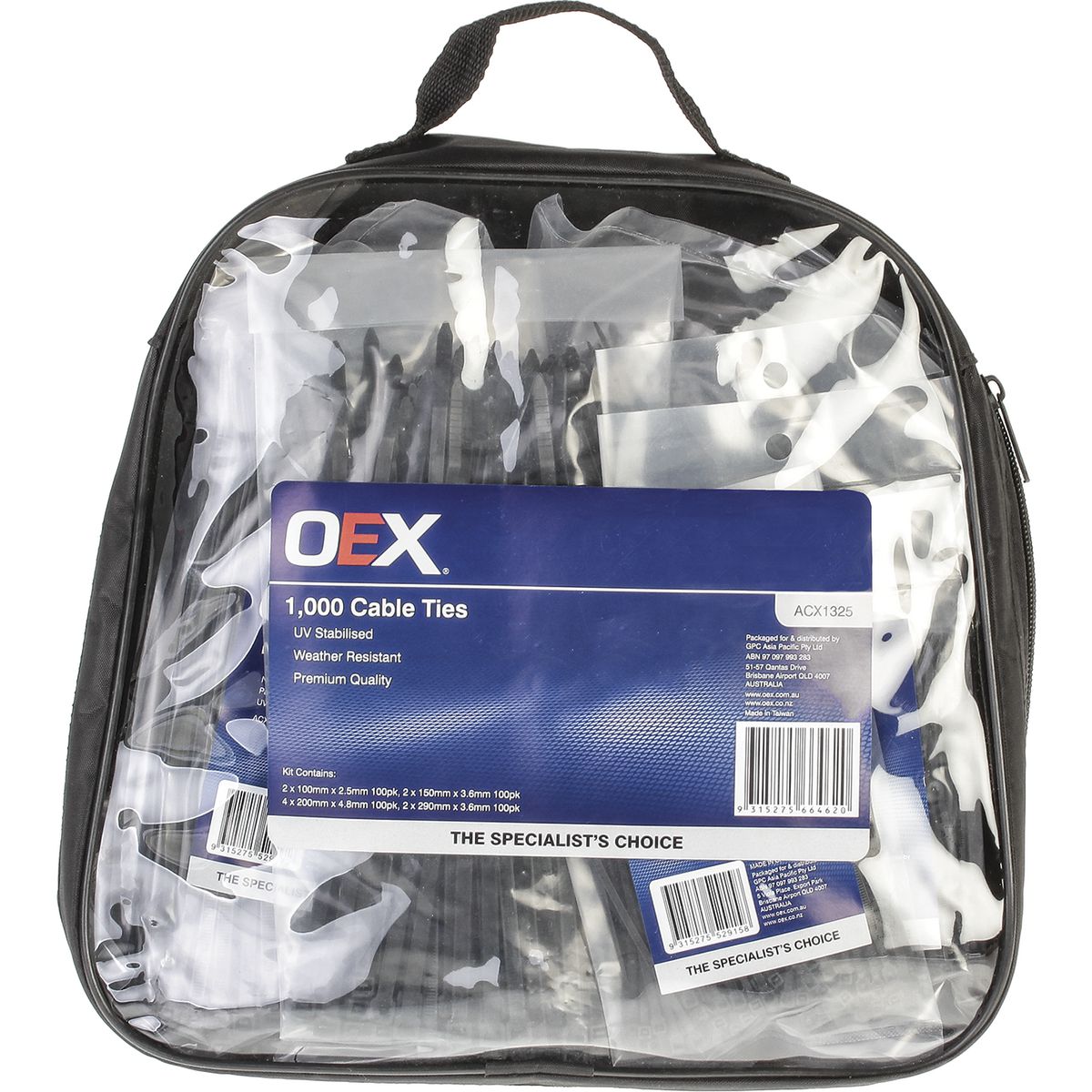OEX Nylon Cable Tie Assortment Black 1000 Pack ACX1325