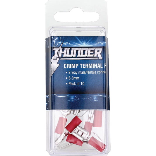 Thunder Crimp Terminal 2 Way Male/Female Insulated Blade Red 6.3mm 10Pk
