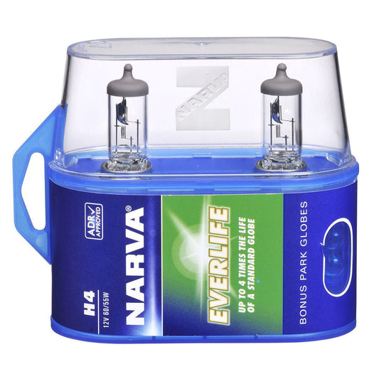 Narva H4 12V 60/55W Everlife Long Life Halogen Headlight Globes 2Pk