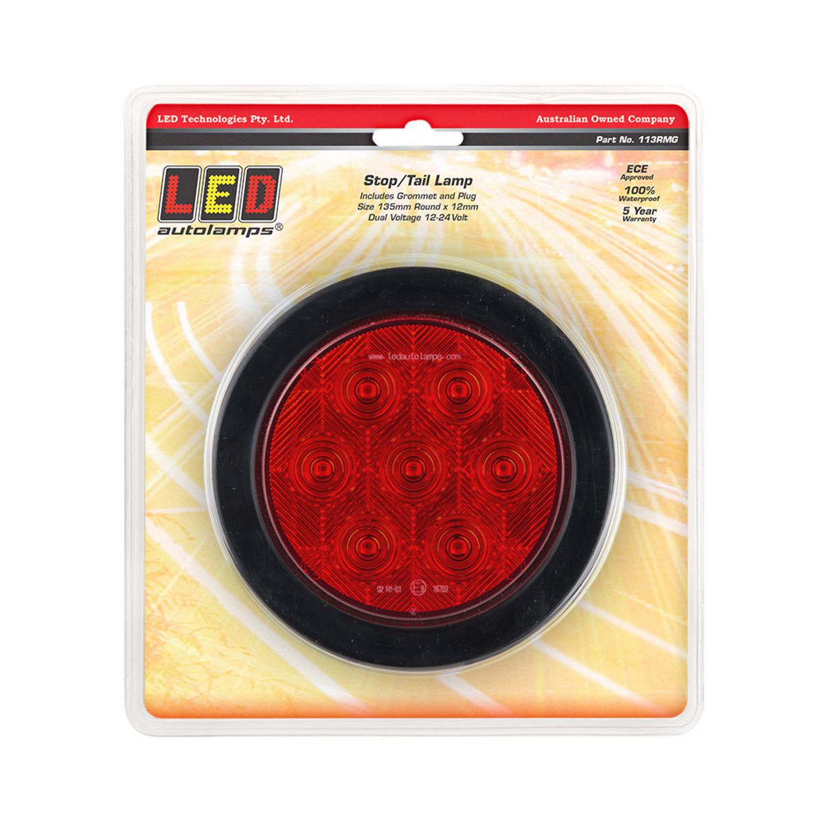 LED Autolamps 12/24V LED Stop/Tail Lamp With Red Lens Round With Grommet/Plug 113RMG