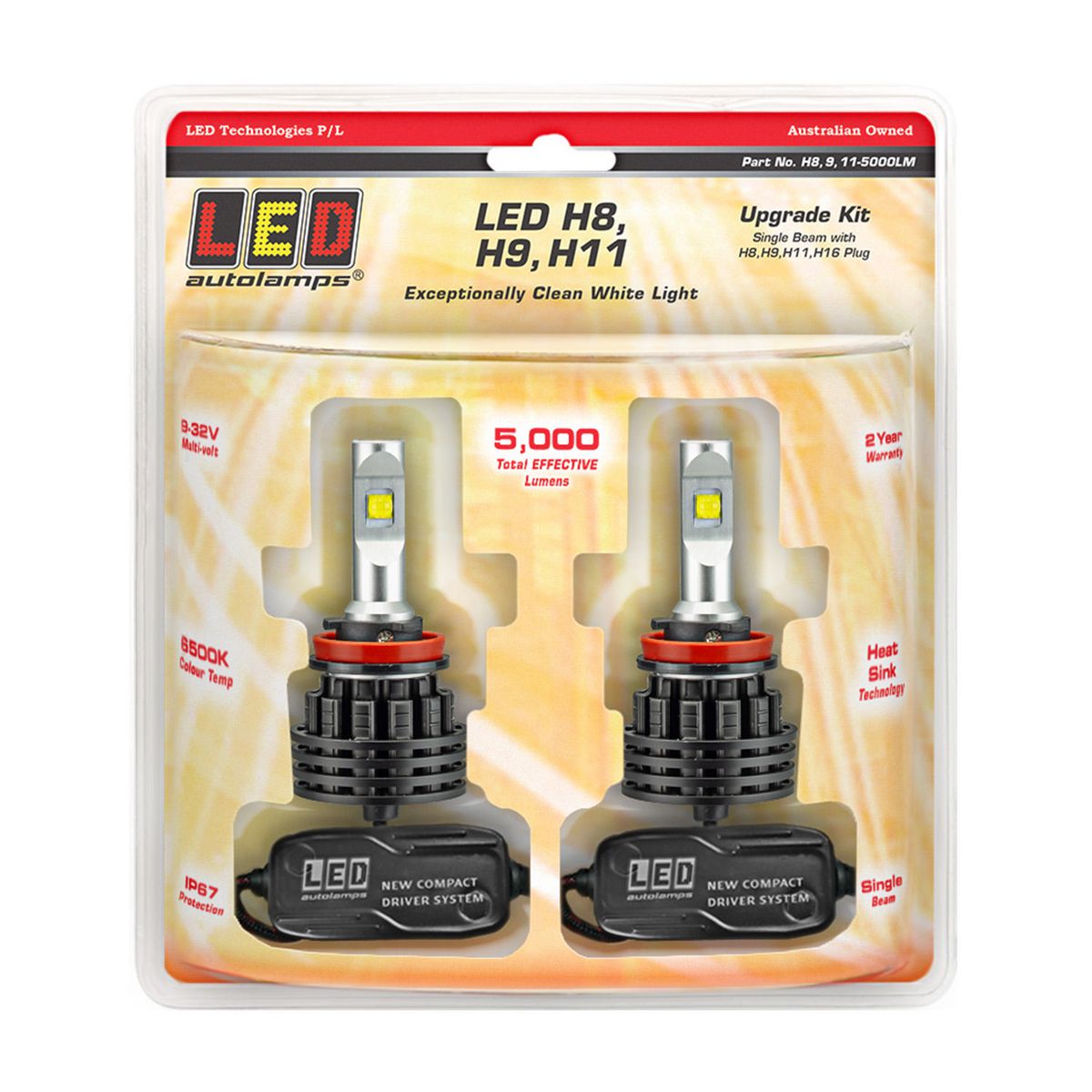 LED Autolamps Head Lamp LED H8/H9/H11 9/32V Upgrade Kit (Pack of 2) H8/9/11/5000LM