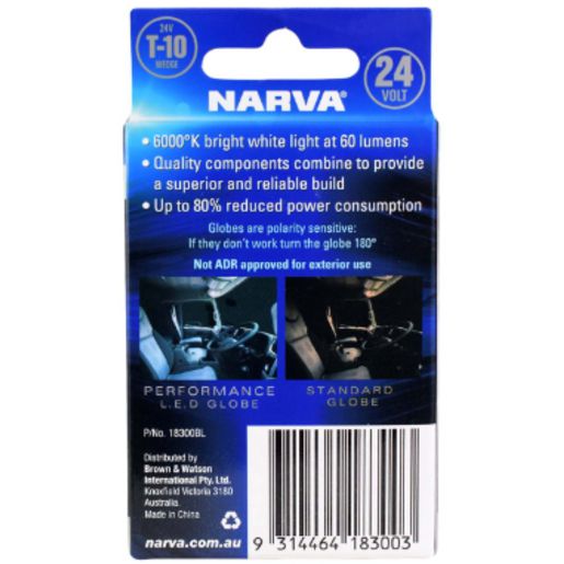 Narva 24V T10 LED Wedge Globes Cool White 6000K 2PK 18300BL