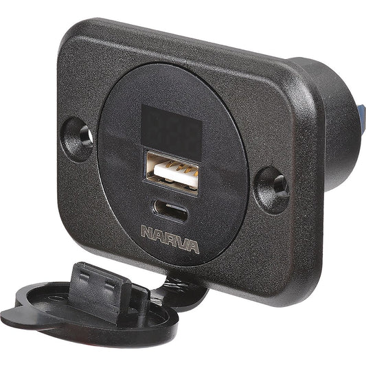 Narva Heavy Duty USB/USB-C Socket with Volt/Amp Meter 12-24V DC 81106BL
