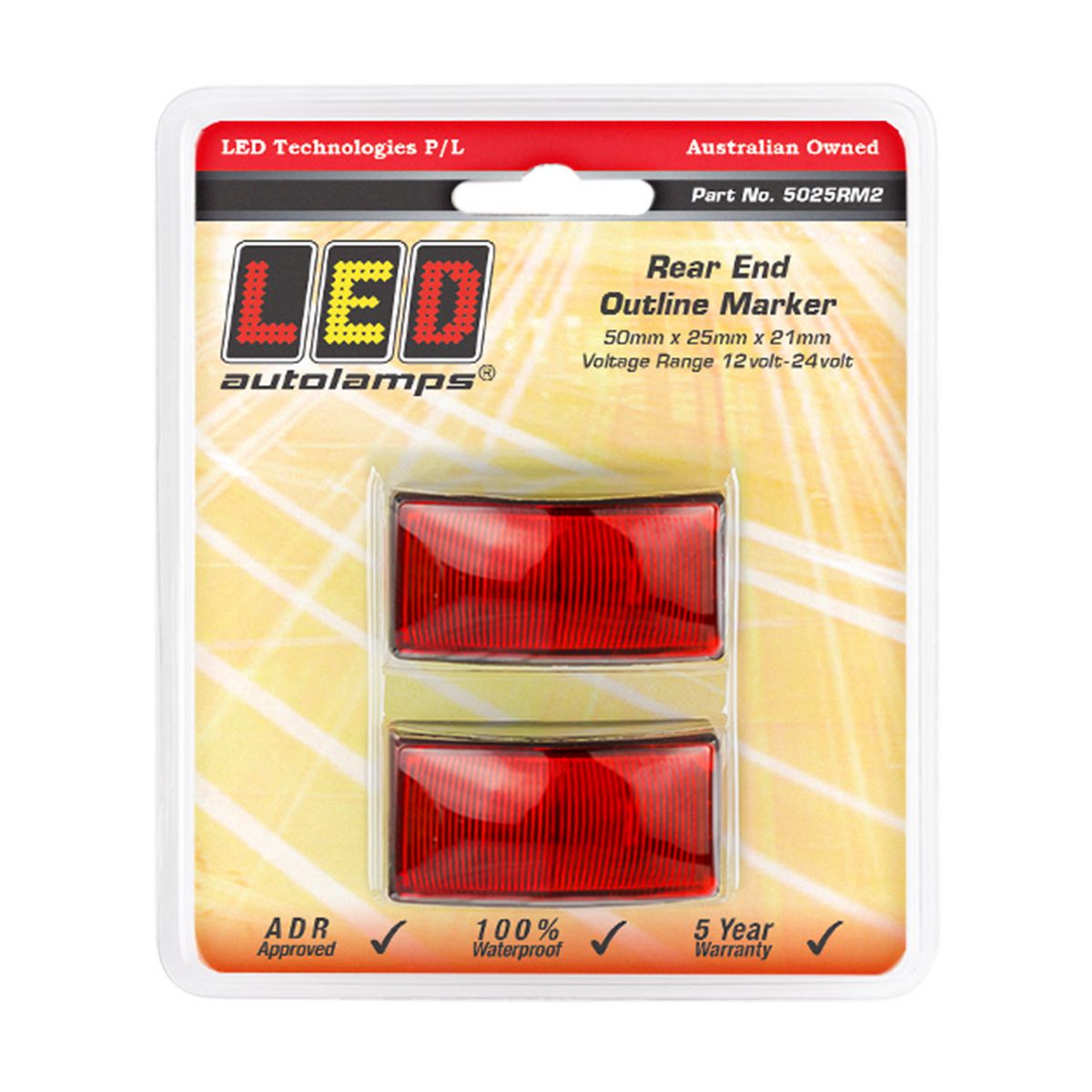 LED Autolamps Rear Marker Red 50x25x21mm 12-24V Twin Pack 5025RM2
