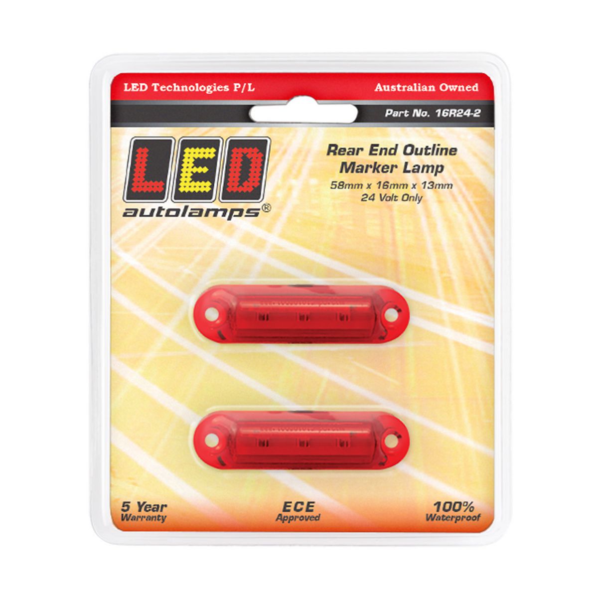 LED Autolamps Super Small Rear Marker Lamp Red 58x16x13mm 24V Twin Pack 16R24-2