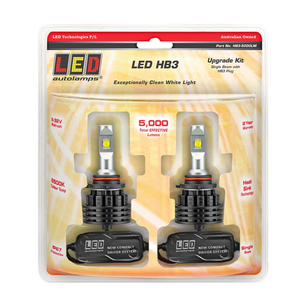 LED Autolamps HB3 Single Beam Headlight Kit 9-32V Twin Pack HB3-5000LM