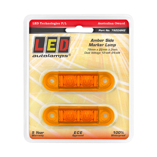 LED AutoLamps Low Profile Side Marker Amber 73x22x3mm 12-24V Twin Pack 7922AM2