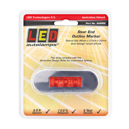 LED AutoLamps Rear Marker with Stainless Steel Bezel Red 86x31x10mm 12-24V 86RRM
