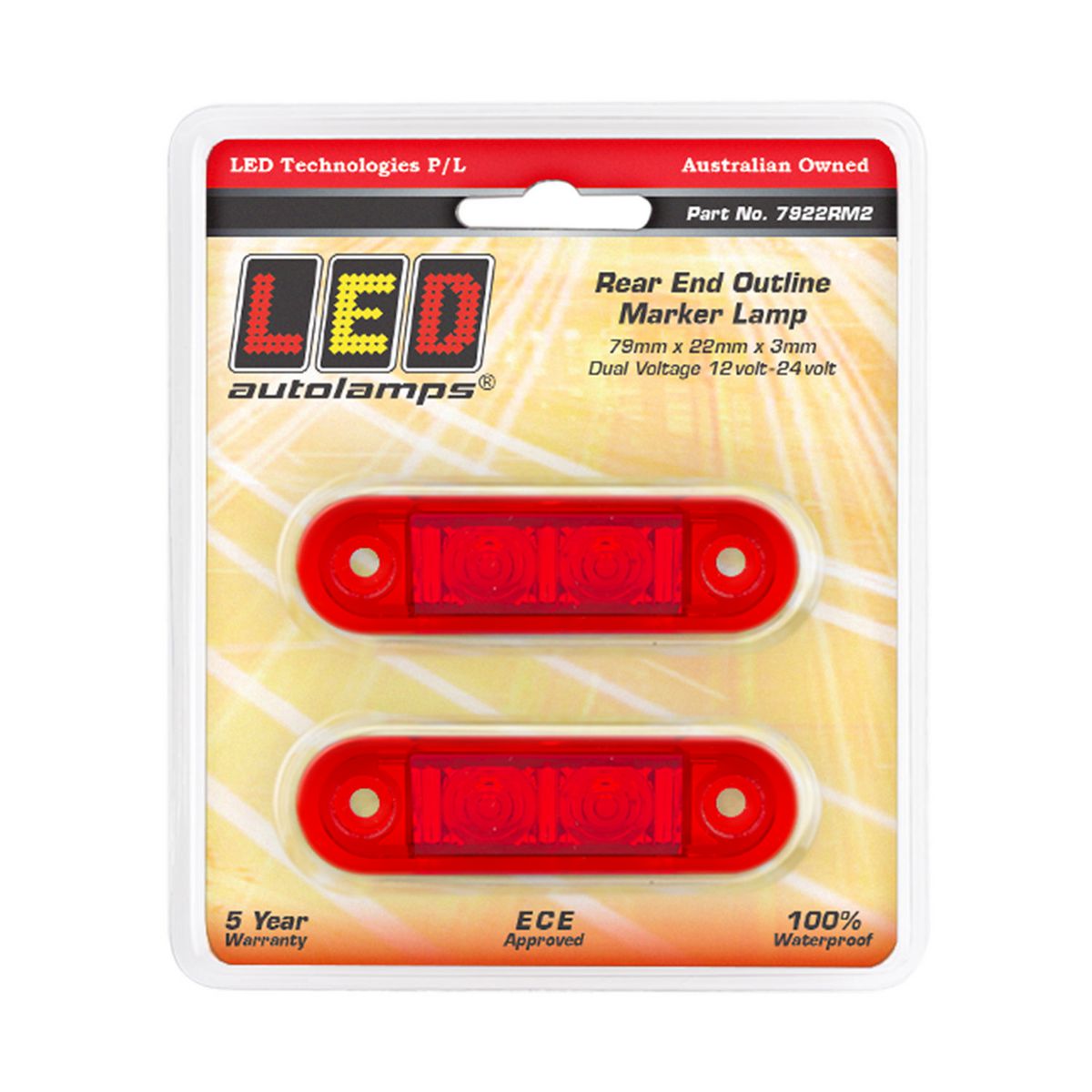 LED AutoLamps Low Profile Rear Marker Red 73x22x3mm 12-24V Twin Pack 7922RM2