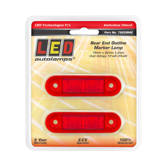 LED AutoLamps Low Profile Rear Marker Red 73x22x3mm 12-24V Twin Pack 7922RM2