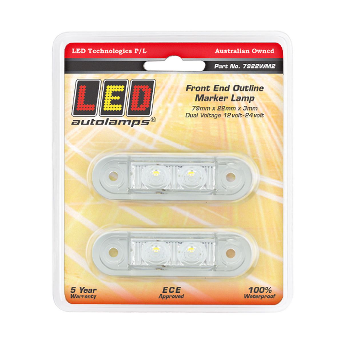 LED AutoLamps Low Profile Front Marker White 73x22x3mm 12-24V Twin Pack 7922WM2