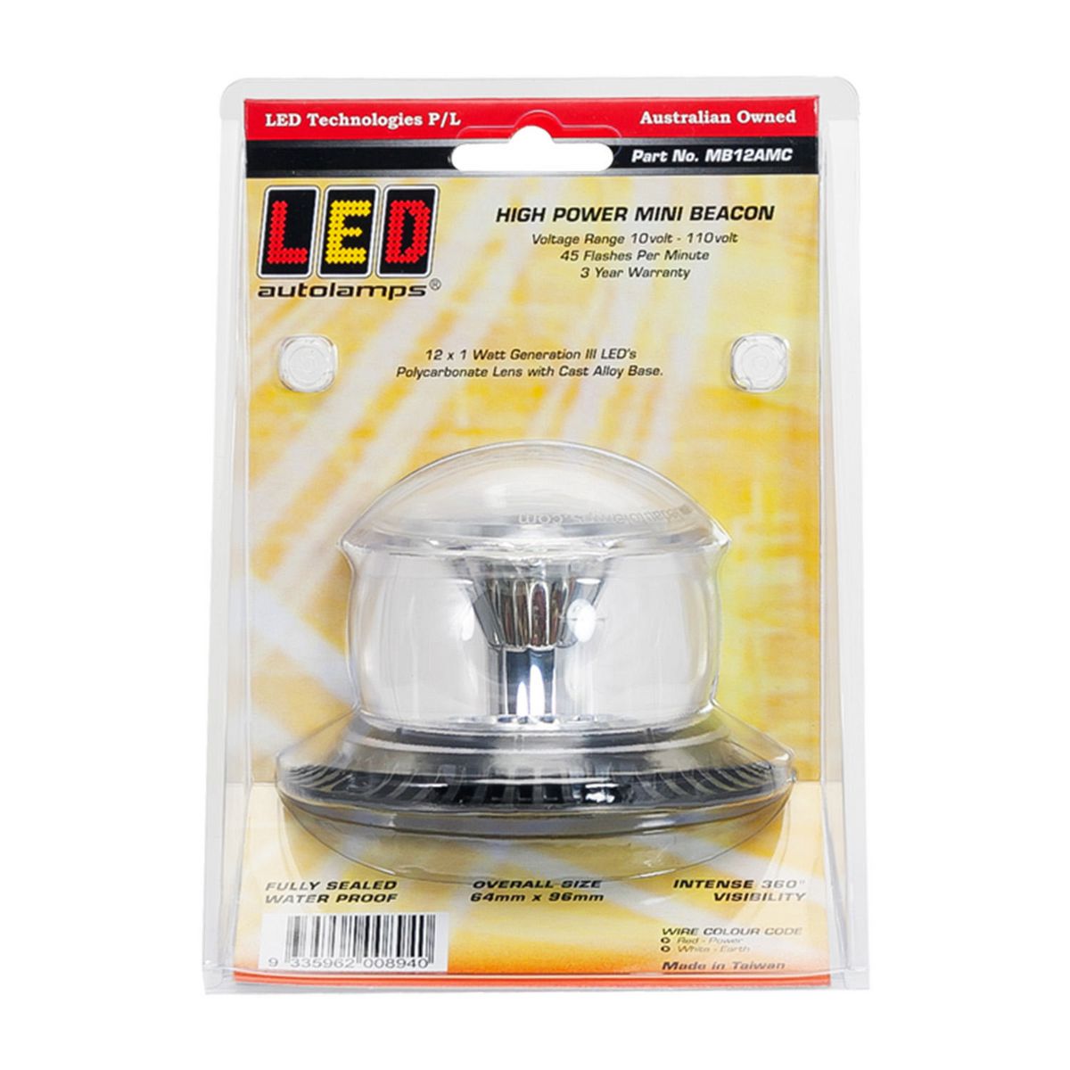 LED Autolamps Amber Beacon Light Clear Lens IP67 10/48V MB12AMC