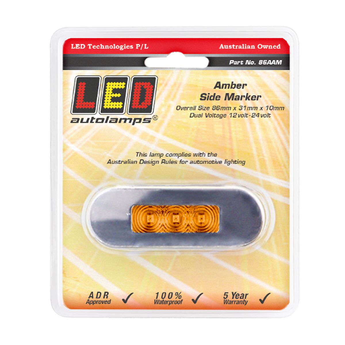 LED AutoLamps Side Marker with Stainless Steel Bezel Amber 86x31x10mm 12-24V 86AAM
