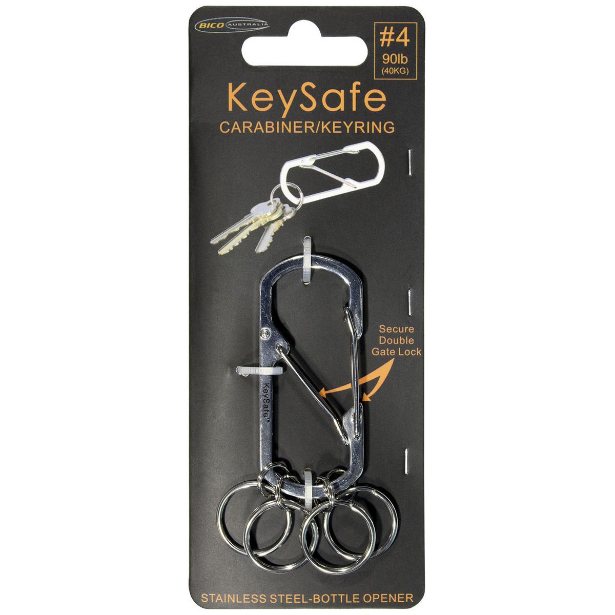 KeySafe Double-Gate Square Stainless Steel Carabiner Keyring #4 Large Silver KS003-4SIL