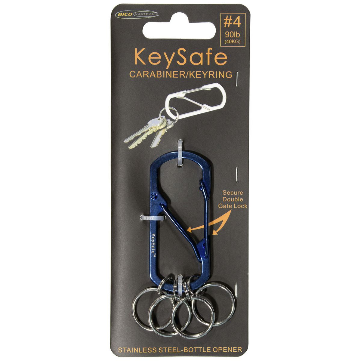 KeySafe Double-Gate Square Stainless Steel Carabiner Keyring #4 Large Blue KS003-4BLU