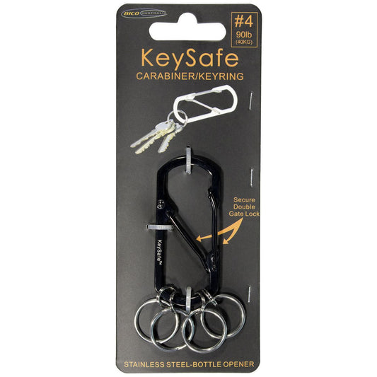 KeySafe Double-Gate Square Stainless Steel Carabiner Keyring #4 Large Black KS003-4BLK