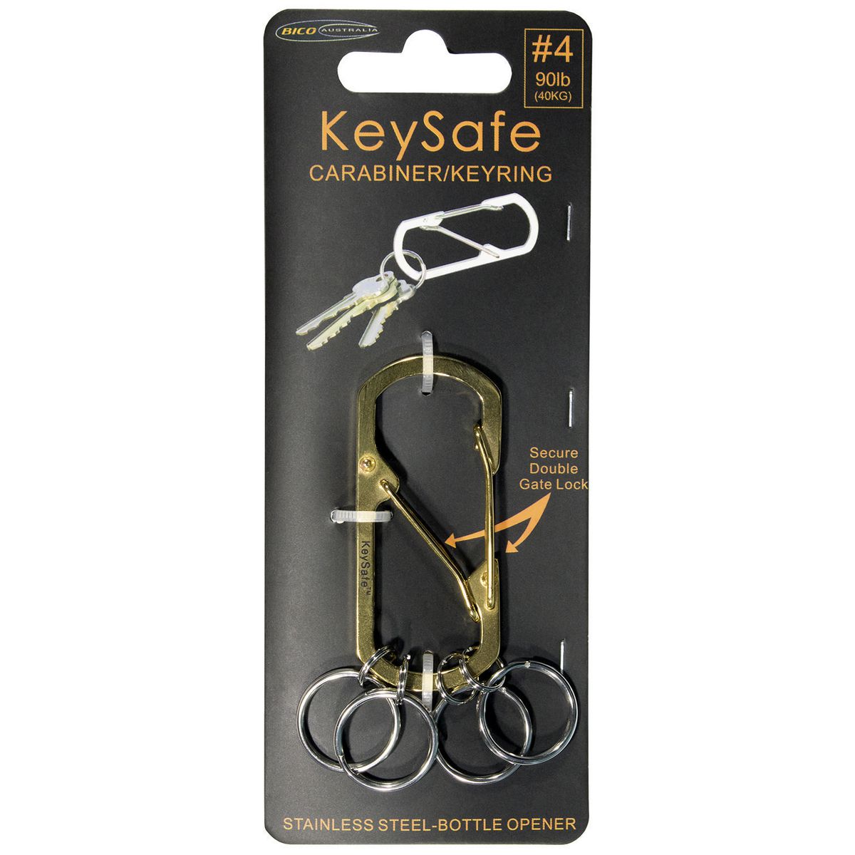 KeySafe Double-Gate Square Stainless Steel Carabiner Keyring #4 Large Gold KS003-4GLD