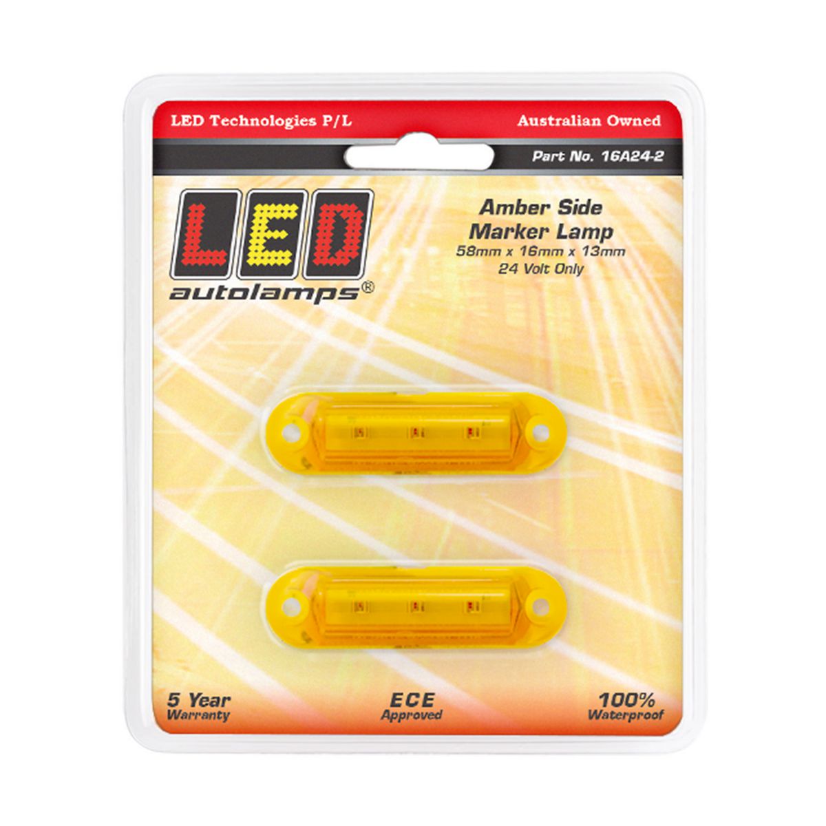 LED Autolamps Super Small Side Marker Lamp Amber 58x16x13mm 24V Twin Pack 16A24-2