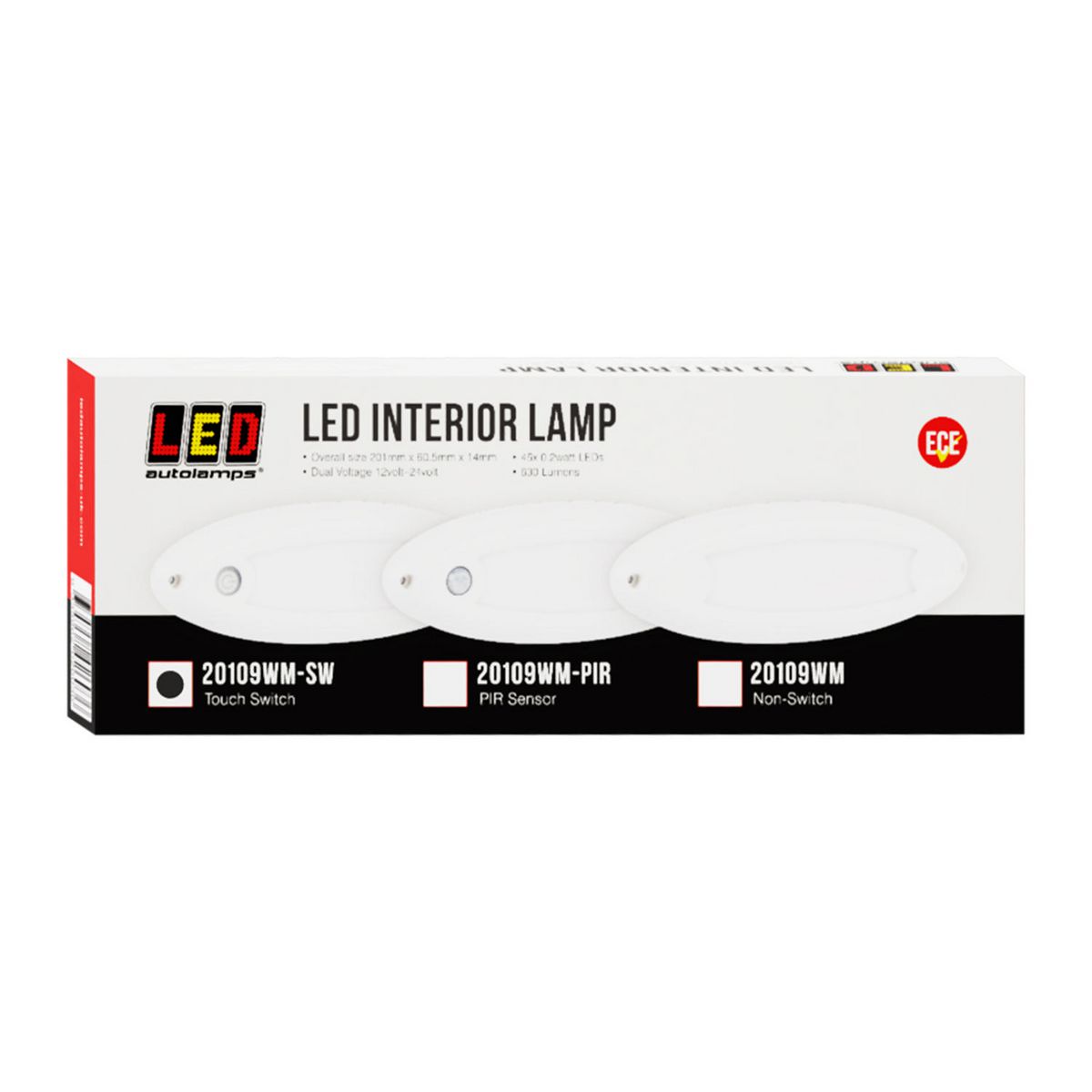 LED Autolamps Large Interior/Exterior Lamp with Aluminium Base and Touch Switch White Oval 400 Effective Lumens 201mm 10-30V 20109WM-SW