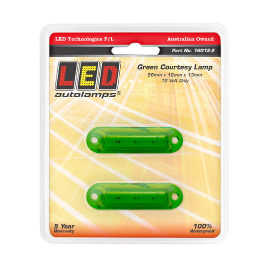LED Autolamps Super Small Courtesy Lamp Green 58x16x13mm 12V Twin Pack 16G12-2