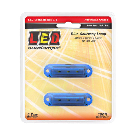 LED Autolamps Super Small Courtesy Lamp Blue 58x16x13mm 12V Twin Pack 16B12-2