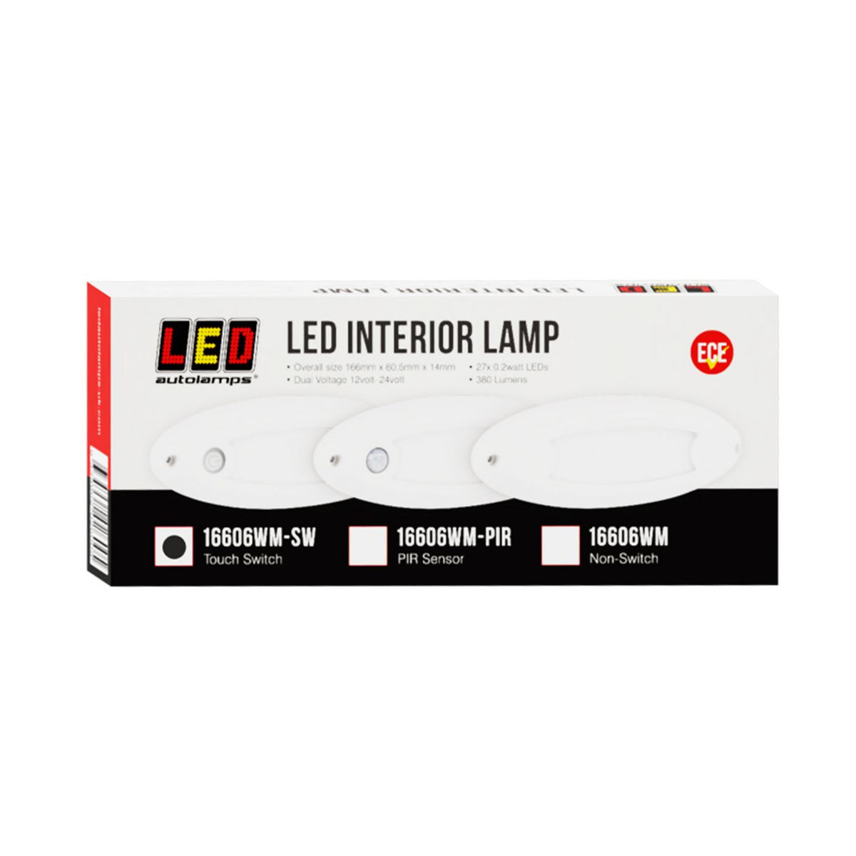 LED Autolamps Small Interior/Exterior Lamp with Aluminium Base and Touch Switch White Oval 240 Effective Lumens 166mm 10-30V 16606WM-SW